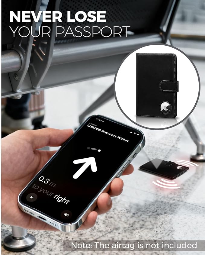 Passport Holder for Travel: Full Grain Leather Passport Cover with Airtag Holder Magnetic Buckle for Men - RFID Blocking Bifold Wallet for Air Ticket Card Cash Coin (Black)