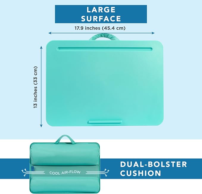 LAPGEAR The Original Lap Desk – Aqua Sky, Fits 17" Laptops | Microbead Cushion, Device Ledge, Built-In Pencil Tray, Carry Handle