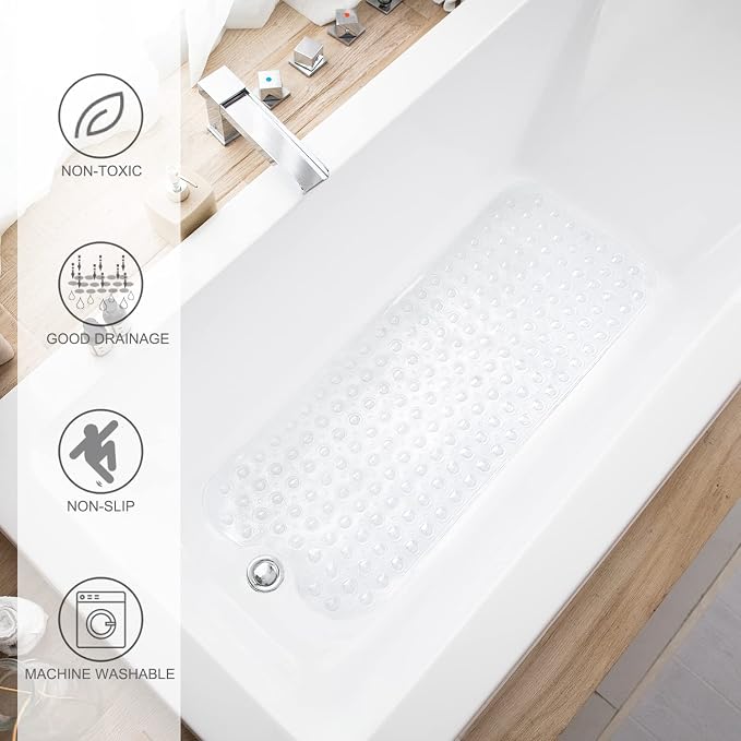 TEESHLY Bathtub Mats for Shower Tub, Extra Long Non-Slip 39 x 16 Inch Bath Mat with Drain Holes and Suction Cups, BathMat for Bathroom with Machine Washable (Clear)