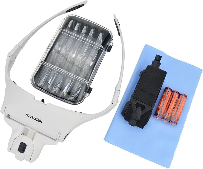 YOCTOSUN Head Mount Magnifier with 2 Led Professional Jeweler's Loupe Light Bracket and Headband are Interchangeable