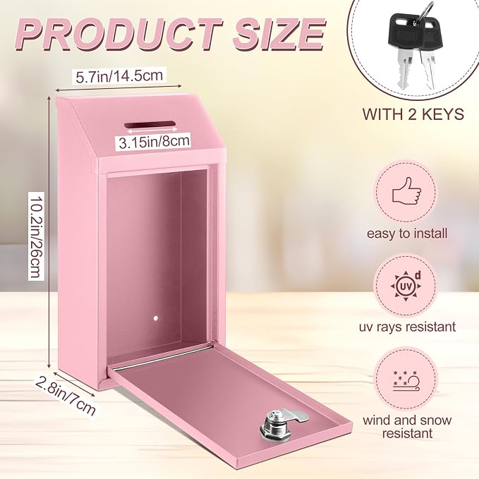 Yaocom Metal Money Box,Pink,10.24 x 5.71 x 2.95 Inch,No Lid | Wall Mounted Drop Donation Cash Box for Farm Stand Collection Safe Suggestion Box with Lock Container for Home Office Outdoor
