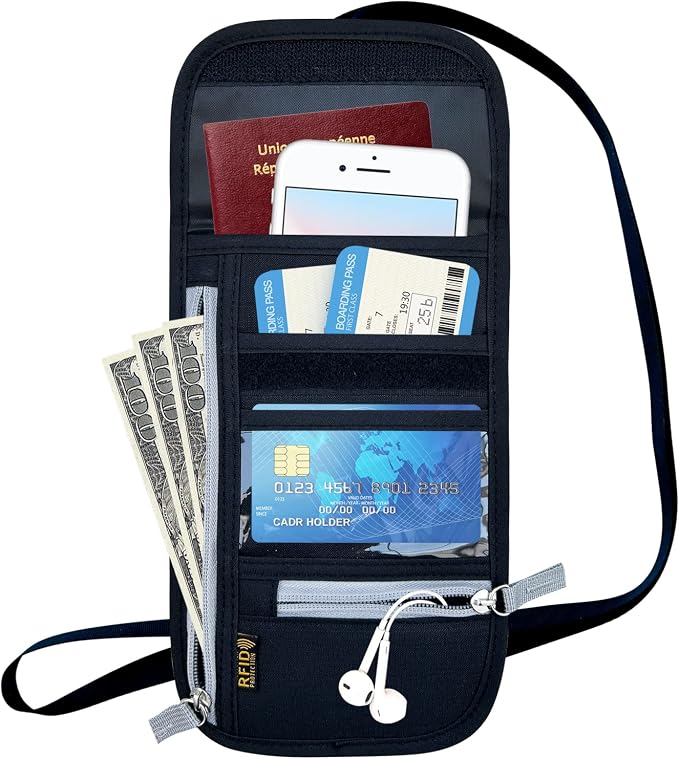 Travel Neck Wallet, RFID Blocking Passport Holder with Adjustable Neck Strap for Men and Women to Keep Cash, Credit Cards and Travel Documents Safe - Black