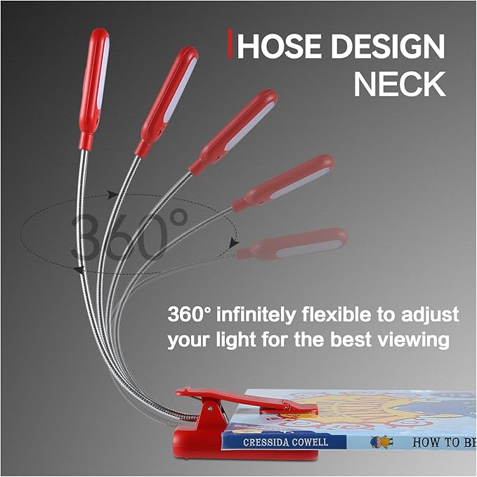 VAVOFO Rechargeable Book Light for Reading in Bed Kids, 7 LED Reading Light with 9-Level Warm Cool White Daylight, Eye Care Lamp with Power Indicator for Bookworms (Red)