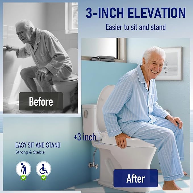 Raised Toilet Seat 3 Inch for Standard Elongated Toilets 18–19 Inch Bowl Length, Not Compatible with Round or One-Piece Toilets, Slow-Close Lid, Non-Slip Stable Design, 772 lb Capacity