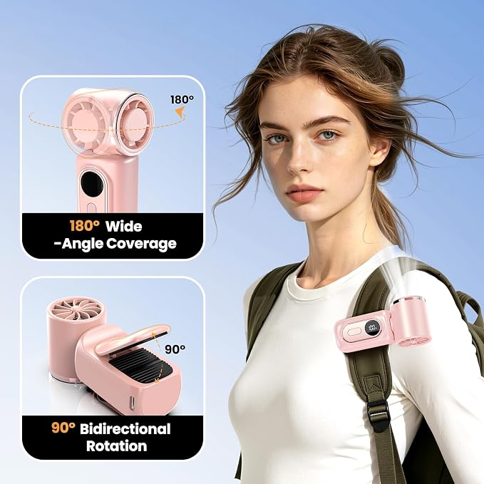 Portable handheld Fan Clip-On Mini Fan 3000mAh 5-speed 180° Rotating | 14500 RPM personal fan Pocket Size USB Cooling Fan for Travel, Beach, Makeup, Office, indoor and outdoor