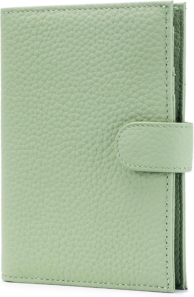 Karmiir RFID Slim Passport Holder for Women, Compact Leather Passport Wallet with Card Holders SIM Slots,Zippered Coins Pocket and Cash Compartment Travel Passport Cover Case, Light Green