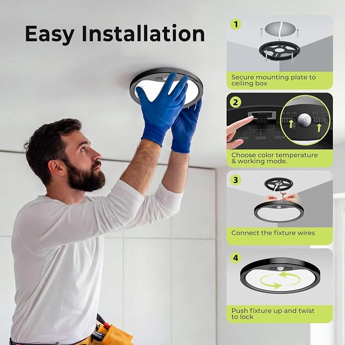 hepside 2 Pack Motion Sensor Ceiling Light Wired, 3000K/4000K/6500K LED Flush Mount Ceiling Light Fixture, 8.7Inch 18W Motion Sensor Light with Timer for Closet Stair Porch Hallway Pantry,Black