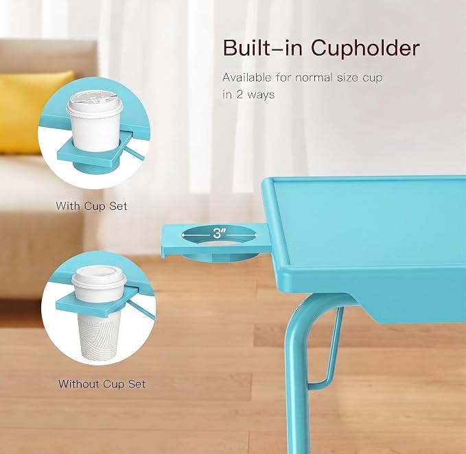 HUANUO Adjustable TV Tray Table - TV Dinner Tray with Cup Holder on Bed & Sofa, Comfortable Folding Table with 6 Height & 3 Tilt Angle Adjustments for Laptop (Azure)