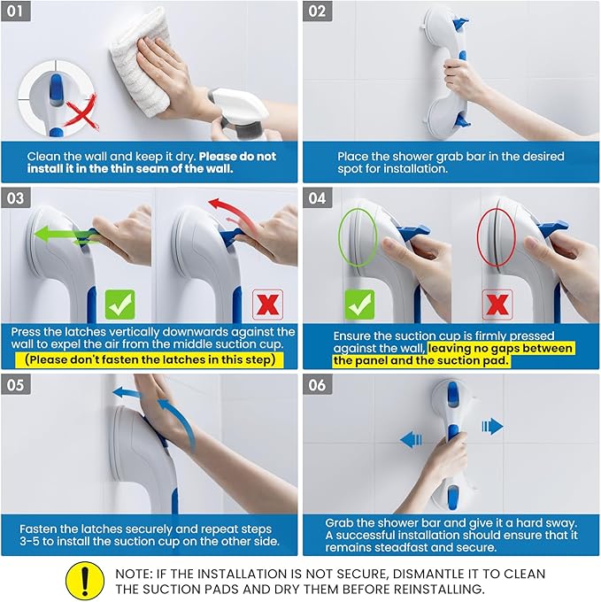 LEVERLOC Shower Grab Bar, 12 Inch Suction Grab Bars for Bathtubs, Shower Handle Handrail for Seniors Bathroom Safety Grip for Elderly, Heavy Duty No Drilling Removable,Blue