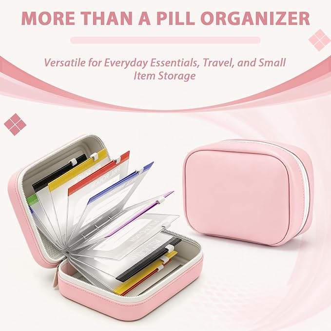 A8 Pink Waterproof Pill Pouch Set,Travel Pill Organizer with 14 Reusable Pill Pouches, Large 7 Day Twice-Daily Travel Medicine Case for Purse, Compact Medication Storage Bag
