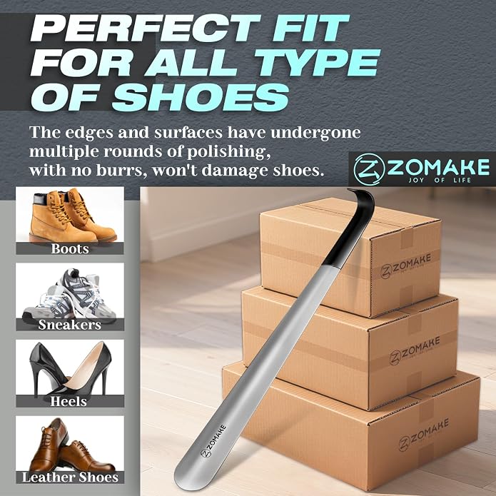 ZOMAKE Shoe Horn Long Handle, Metal Long Shoehorn 7.5" 16.5" 28.3" | Metal Shoehorn Long handle for Boots ,Stainless Steel Travel Small Shoe Spoon Helper