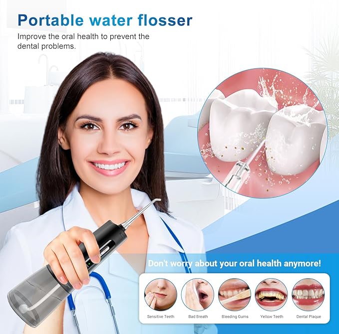Cordless Water Dental Flosser Oral irrigator,JNGOODS 300ml Rechargeable Water flosser for Teeth IPX7 Waterproof 4 Modes Portable Oral Irrigator with 4 Jet Tips, Travel Home use (Black)