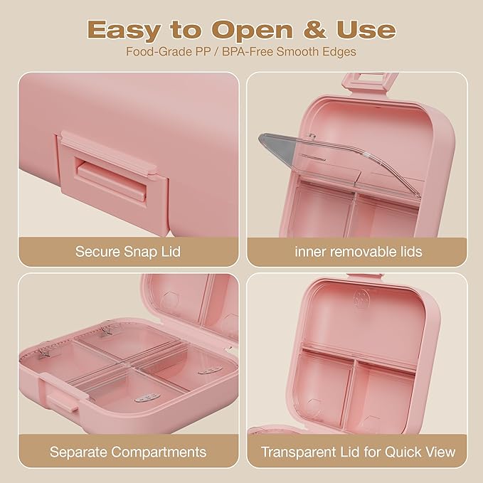 Small Travel Pill Box, Double Layer 7-Compartments Pill Organizer, Portable Weekly Pill Case Container for Pocket, 7 Day Compact Medicine Holder for Vitamins, Fish Oils, Supplements Pink