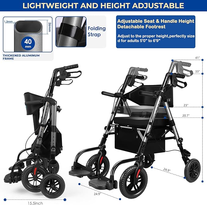 Foldable Rollator Walker for Seniors with Seat, Lightweight 2 in 1 Rolling Walkers Wheelchair Combo for Adult, Transport Chair with Brakes, Adjustable Seat and Handle, 300 Lb. Weight Capacity, Grey