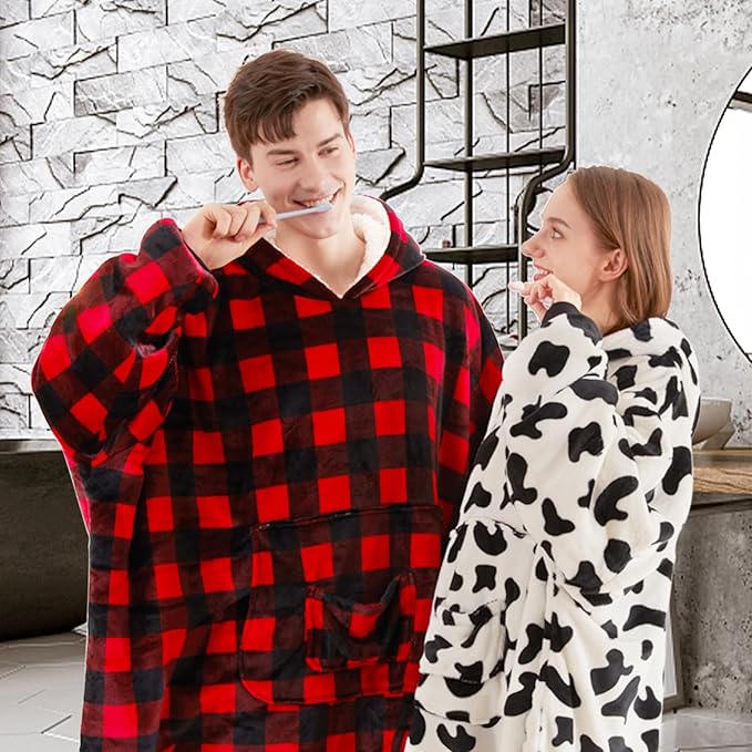 JOYWOO Wearable Blanket Hoodie,Oversized Cat Lovers Sweatshirt Blanket for Adult,Christmas Gifts for Women,Mom,Friend,Cozy Sherpa Hooded Blanket with Giant Pocket and Winter Gifts,Red Checkered