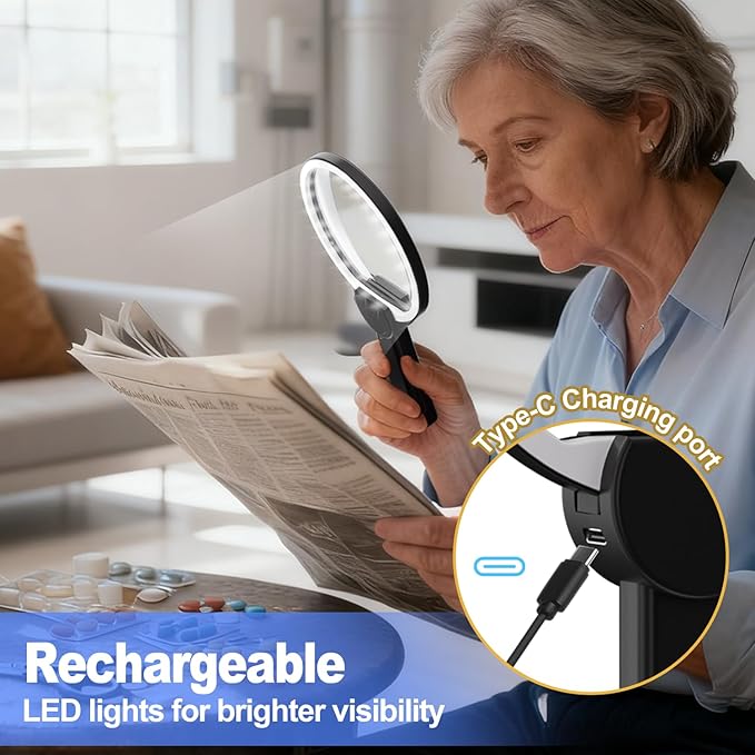 Magnifying Glass with Light Hands Free for Reading 5.5 Inch 5X, LED Light with 2 Modes, Flexible Neck-Worn Large Magnifie, Illuminated Magnifier for Seniors Inspection, Coins, Jewelry, Sewing