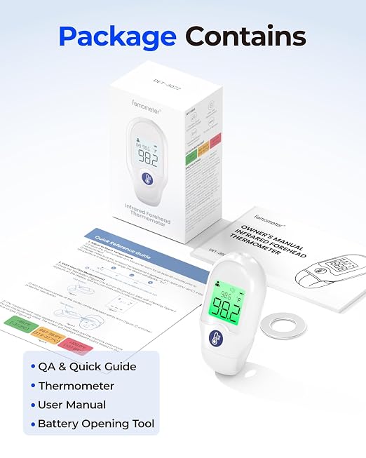 Femometer Forehead Baby Thermometer for Adults & Kids, Portable Min | Non-Contact, 30-Memory Recall, Fever Alarm, 3 Color Backlight, Mute Mode, Fast & Accurate Reading, LCD Display