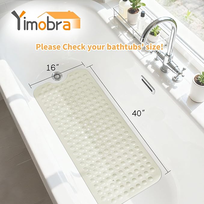 Yimobra Non Slip Bathtub Mat 40 x 16 Inch, Extra Long Shower Mat with Drain Holes, Machine Washable Baby Bath Mats, Strong Suction Cups for Bathroom Floor, Beige