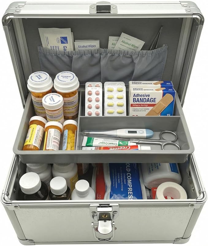 Medicine Lock Box, First Aid Safe Medication Storage Box, Layered Aluminum Daily Medicine Lockable Box with Key for Home, Dorm, Office 9.5 x 6 x 6.3 inches