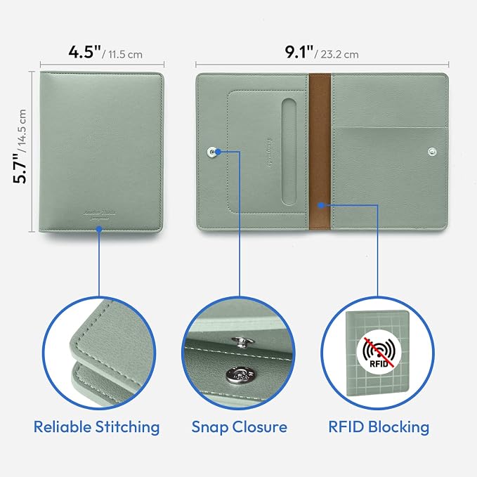 Premium RFID Blocking Leather Passport Holder & Wallet – Mint Grey | Family Travel Document Organizer – for 2 Passports, Cards, Boarding Passes & Travel Essentials