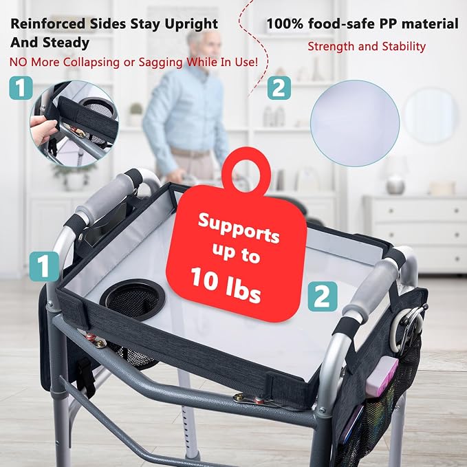 BAGSFY Upgraded Clear View Walker Tray for Seniors– Universal Folding Walker Table with Cup Holder & Side Pocket | Hard Top Lightweight Walker Accessory, Tool-Free Installation, Fits Most Walkers