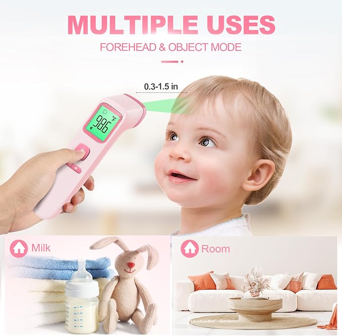 No-Touch Thermometer for Adults, Kids, Babies, 1-Sec Fast Accurate (Pink) | Fever Alarm, Large LCD with 3-Color Backlight, Silent Mode, 35-Reading Memory, Forehead & Object Mode, for Home & Clinic
