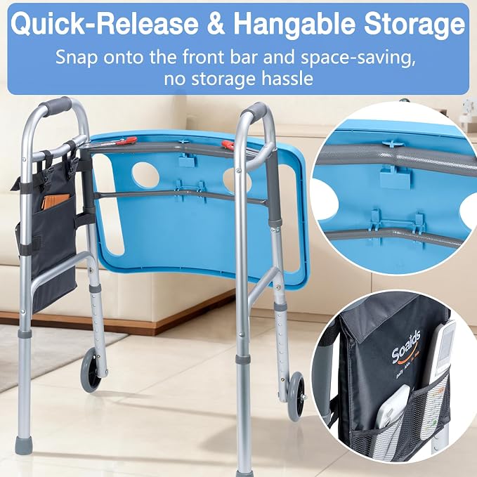 Walker Tray for Seniors with Dual Cup Holders & Side Pouch (Blue) | Durable Food & Drink Table, Lightweight with Non-Slip Pad, Compatible with Walker of 10210-1 Model