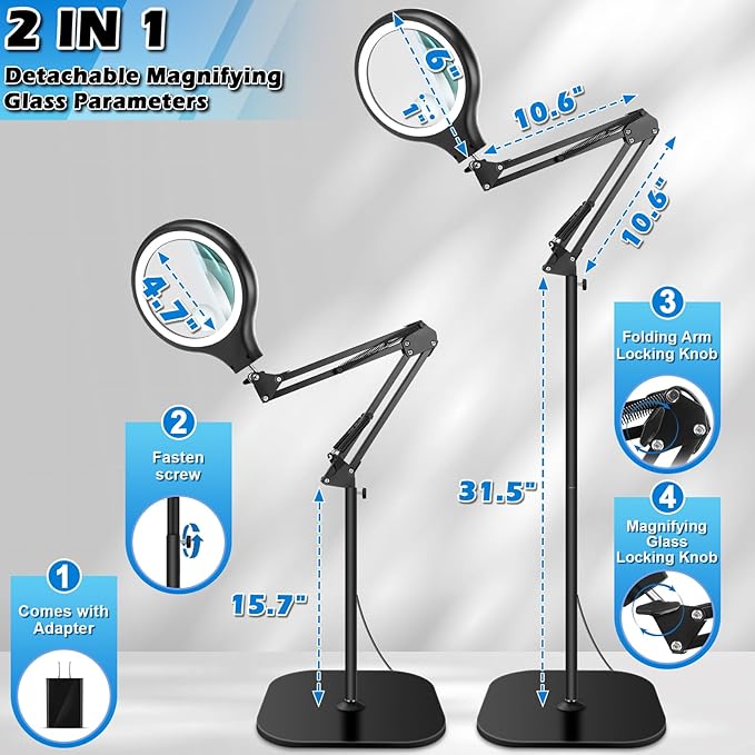 Large 30X 10X Floor Magnifying Glass with Light and Stand,2 in 1 Adjustable Height Floor Magnifying Lamp,Lighted Magnifiers for Hands Free Close Work, Sewing,Crafts, Reading,Hobbies