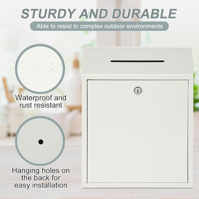 Yaocom Metal Money Box,White,15 x 12 x 4 Inch,No Lid | Wall Mounted Drop Donation Cash Box for Farm Stand Collection Safe Suggestion Box with Lock Container for Home Office Outdoor