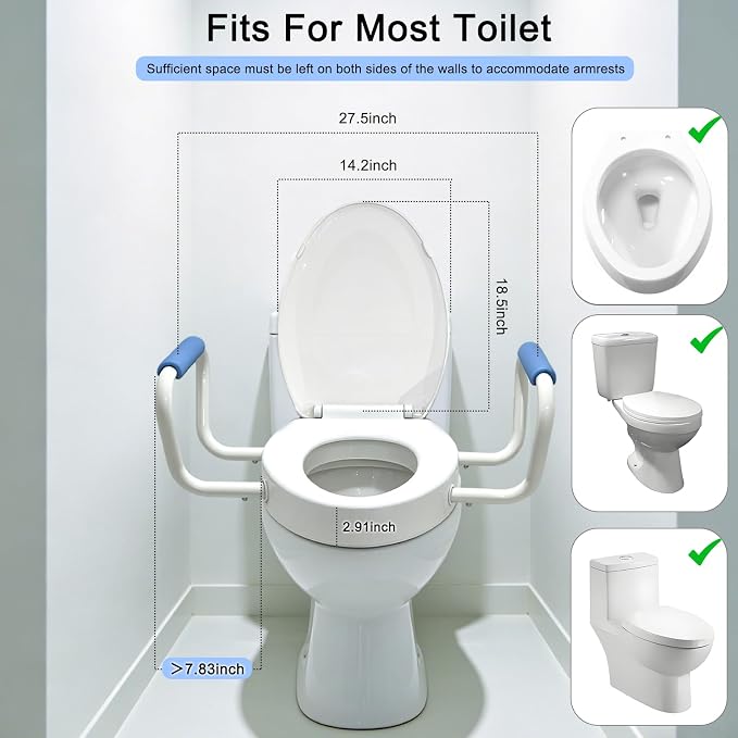Toilet Seat Riser with Handles, 395lb Heavy-Duty Elevated Toilet Seat Elongated - 2.91" Raised V-Shaped Toilet Seat with Arms, Quick Release, Soft Close, Non-Slip, Universal Fit for Bathroom Safety