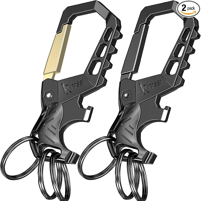 Kivssi Heavy duty metal keychains, Carabiner clip Car key chains,Fashion family keychain bottle opener and 3 Key Rings suitable for men and women.(Black+Gold)