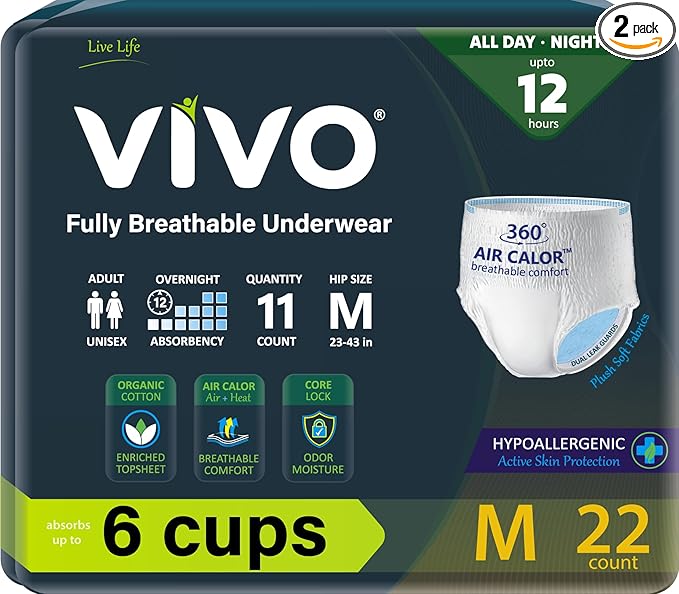 VIVO Organic Cotton Sensitive Skin Overnight Adult Incontinence Pullup Underwear, Women & Men, Medium 22 Count