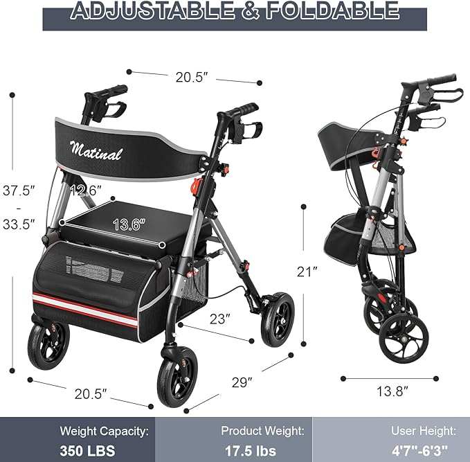 Walkers for Seniors, Rollator Walker with Seat, Walkers for Seniors with seat, 350 lb Capacity,with 8'' Big Wheels, Rolling Walker (Silver)