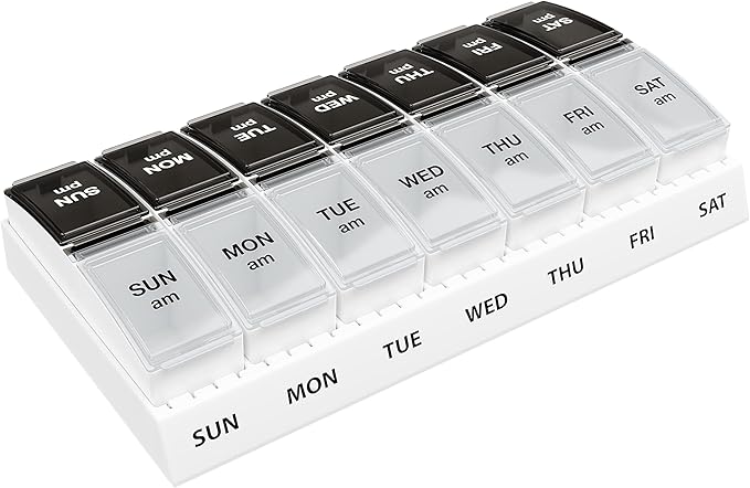 Ezy Dose Weekly (7-Day) AM/PM Pill Organizer, Small Case, Black/Clear | Daily Vitamin & Supplement Medicine Box, Compact Pop-Out Compartments, 2 Times a Day Pill Holder, Travel-Friendly, BPA-Free