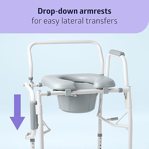 Medline Drop Arm Commode Chair for Adults and Seniors, Padded Seat, Removable Pail, Splash Guard, Drop-Down Arms, 350 lb. Weight Capacity