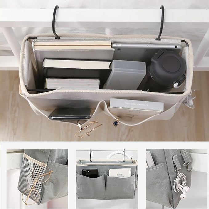 SMALL GOAL Bedside Caddy, Bedside Hanging Storage Organizer for College Dorm , Bunk and Hospital Beds, Can be Placed Books, Phones,Keys, Glasses，Magazine Holder (grey, 1)