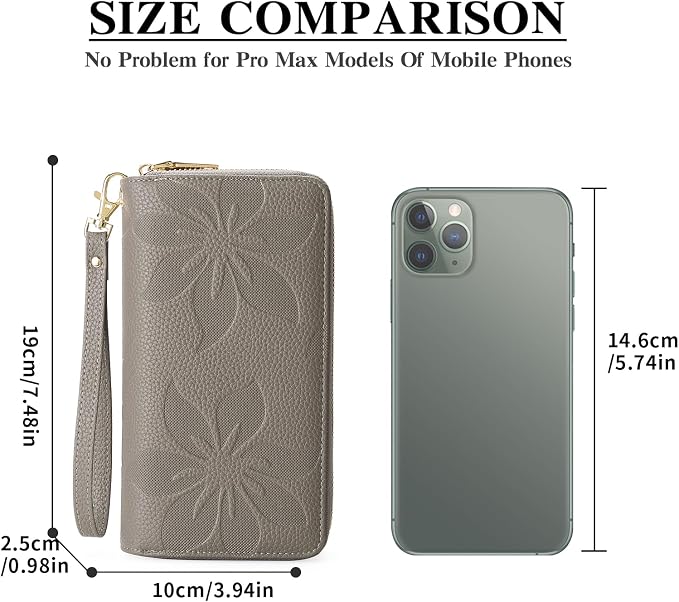 GOIACII Women's Wallet Large Capacity Double Zip Ladies Card Phone Holder RFID Blocking Wristlet Leather