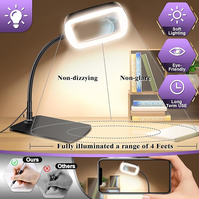 10X 30X Large Magnifying Glass with Light and Stand | 5-inch Lighted Magnifier,72 LEDs,3 Color Modes , Hands-Free Magnifying Desk Lamp for Reading, Craft, Hobby, Close Work