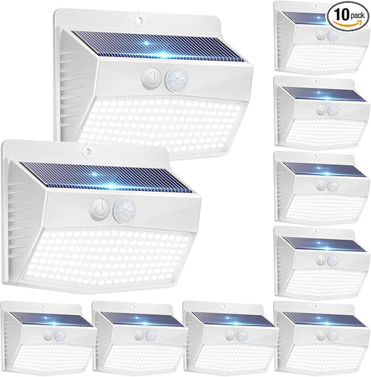 10 Pack Solar Motion Sensor Lights Outdoor Waterproof with 3 Modes | Cool White, White Frame, LED, Solar Powered, Security Lighting for Outside Wall Garden Fence Yard Deck Patio Garage