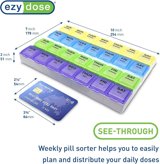 Ezy Dose Weekly 7-Day, 4x/Day Pill Organizer, Rounded Base, Large | Multi-Color Daily Pill Case, Medicine Planner, Vitamin Organizer, Supplement and Fish Oil Container, BPA Free