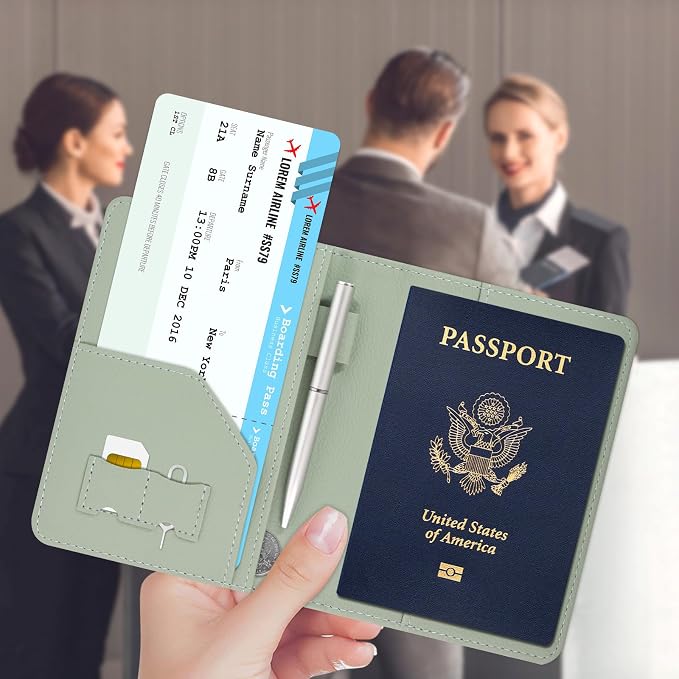 ACdream RFID BLOCKING Passport Holder Travel Wallet, Premium PU Leather Cover Passport Book with Card Holder, Pen Holder, Keep Organization, and Travel Essentials for Women and Men, Agave Green
