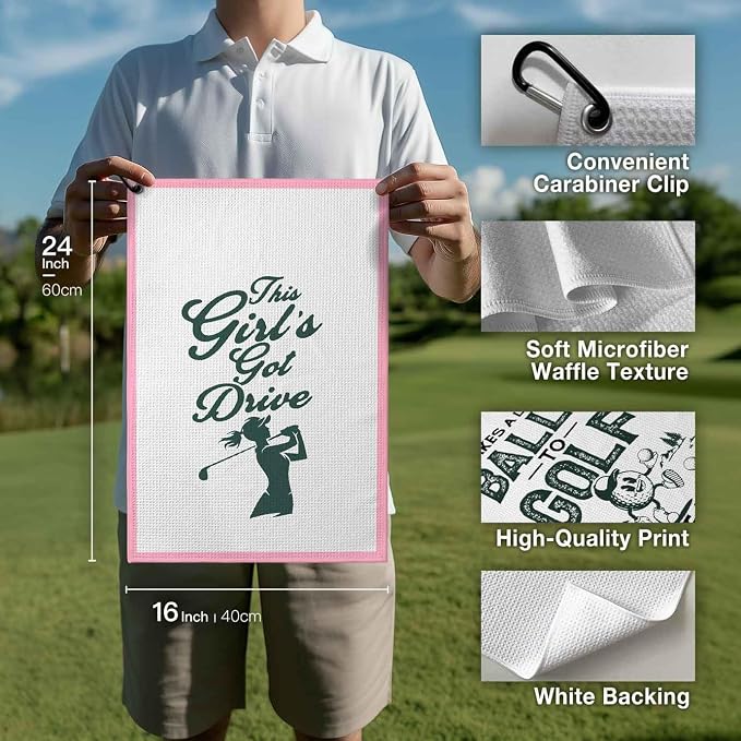 Girl's Golf Towel with Clip, Funny Golf Bag Accessories for Women,"This Girl's Got Drive"Golf Gifts for Mom Grandma Lady,16x24 Waffle Weave Microfiber Pink, Birthday Christmas Retirement Golfer Gifts
