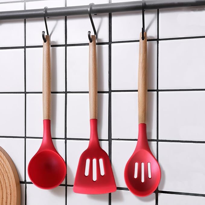 Silicone Cooking Utensils Set 5Pcs Non-Stick Silicone Kitchen Utensils for Cooking, Heat Resistant Kitchen Gadgets Spatula Spoon Turner Set with Wooden Handles for Non-Stick Cookware BPA Free
