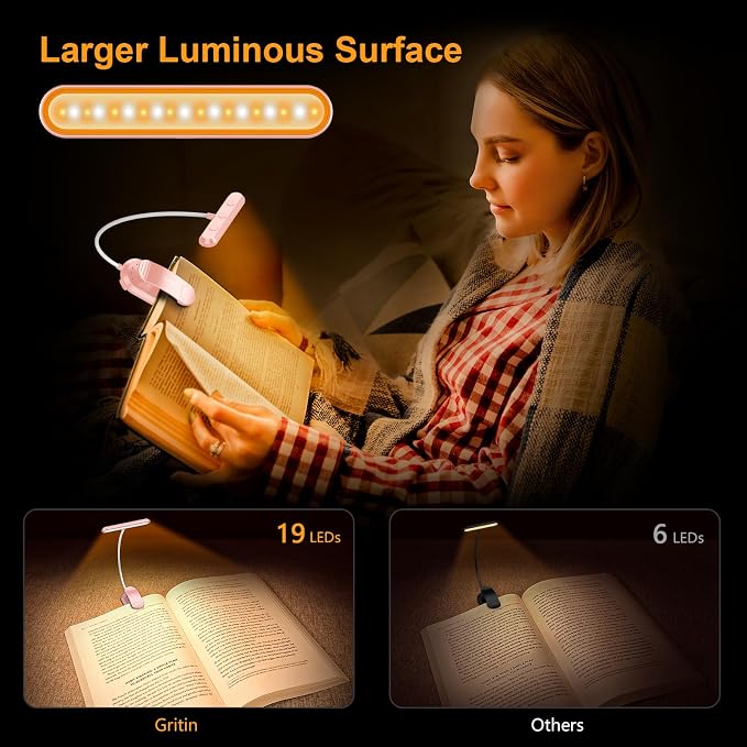 Gritin Rechargeable Book Light for Reading in Bed with 19 LED | Eye Caring 3 Color Temps, 5 Brightness Levels, Memory Function, 90 Hrs Runtime Flexible Goose Neck Clip on Light-Pink