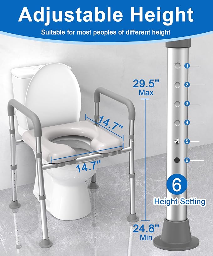 HOMLAND Toilet Seat Riser for Seniors with Adjustable Height & Width, 300lb | Padded Seat, Durable Aluminum Frame, Slip-Resistant Feet, Handicap Elevated Raised Toilet Seat for Elderly, Fit Most Toilet