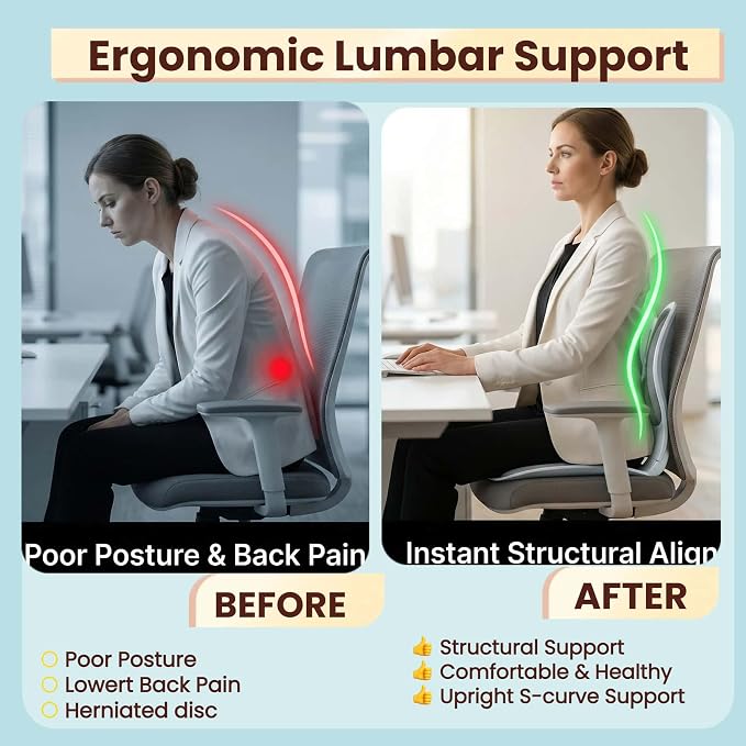 Foldable Ergonomic Lumbar Support Cushion for Office Chair, Portable Posture Corrector Seat (Beige, M)