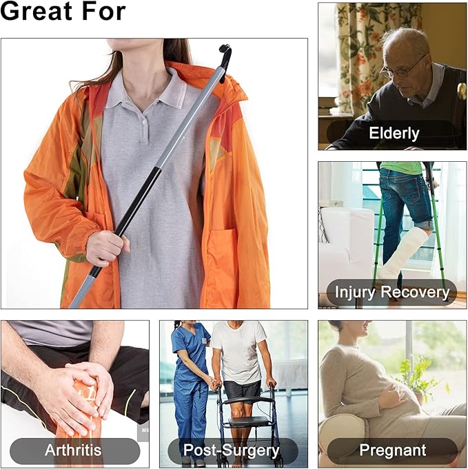 35" Long Dressing Stick with Shoe Horn with Sock Removal Tool, Adjustable Extended Dressing Aids for Shoes, Socks, Shirts and Pants Grey and Black