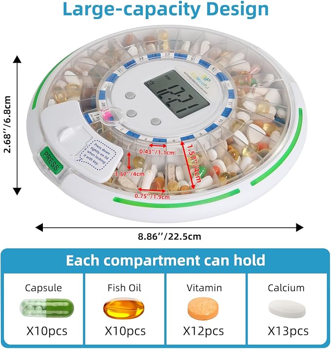 EziMedPil Automatic Pill Dispenser with Alarm for the Elderly | 28-Day Clear Lid & LCD Display Monitoring Pill Organizer with Sound-Light Reminders, 6 Daily Alarms & Lock Design for Pills