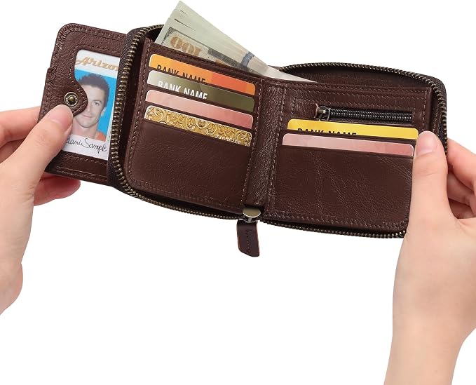 GOIACII Wallets for Men Genuine Leather Front Pocket Wallet RFID Zip Around Bifold Credit Card Holder | RFID