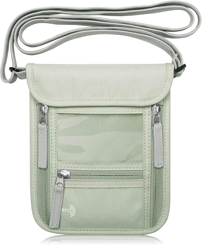 WALNEW Passport Holder Neck Pouch Travel Wallet for Women and Men, RFID Blocking Security Slim Traveling Wallet with Around Neck Lanyard Strap, Light Green | Around Neck Lanyard Strap, Travel Safety Anti Theft Bag, Neck Wallet for Traveling Women
